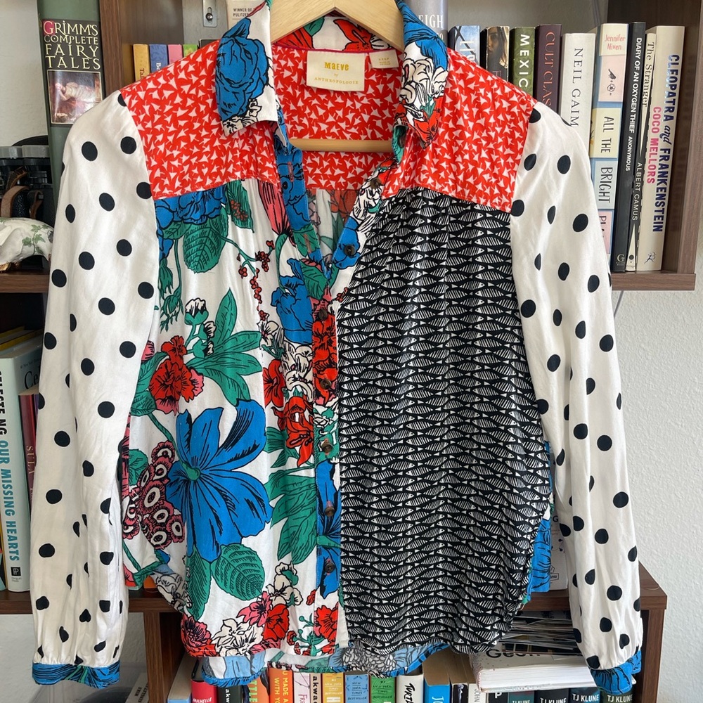 Maeve Anthropologie Mixed Print Patchwork Button Front Blouse Petite - Picture 2 of 5